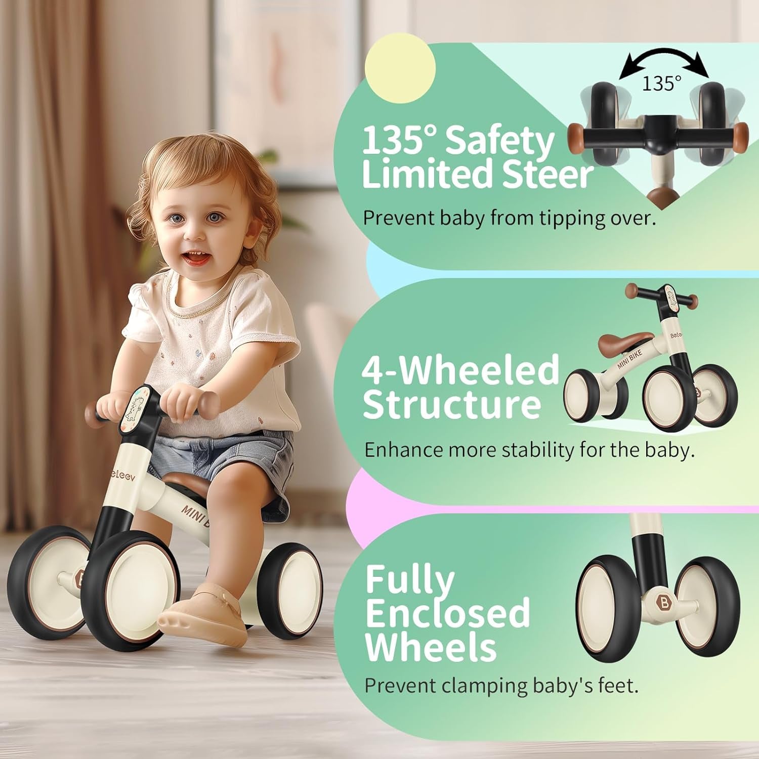 B1 Baby Balance Bike for 1-2 Year Old, Toddler First Starter Bike for Kids Girls Boys 10-24 Month, Lightweight Walker Bike with 4 Silence Wheels, 135° Safe Limited Steer, Soft Wide Seat