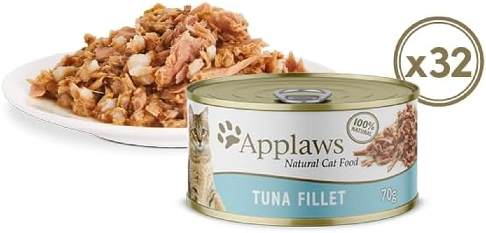 100% Natural Wet Cat Food Tuna Fillet in Broth Tin 70G (Pack of 32), Limited Ingredients Pet Food