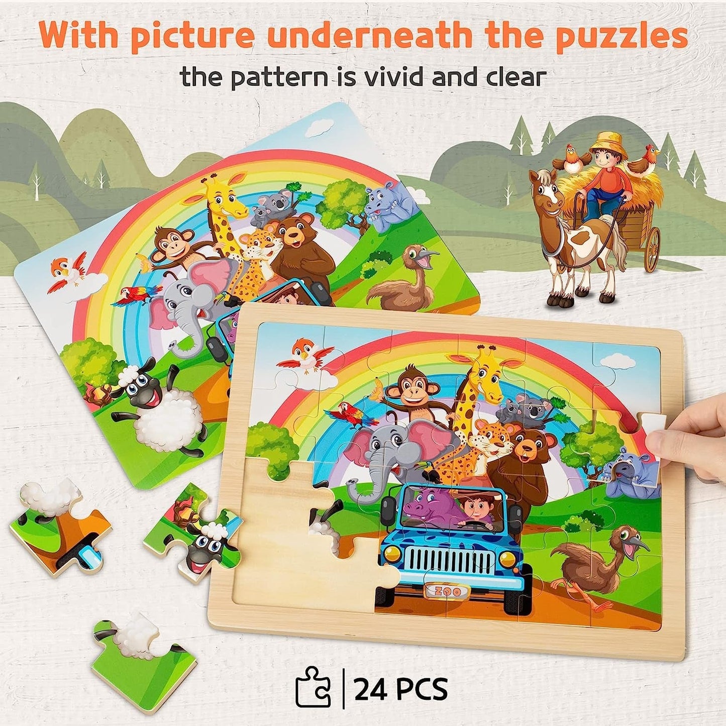 Packs 24 Pcs Wood Jigsaw Puzzles Preschool Educational Brain Teaser