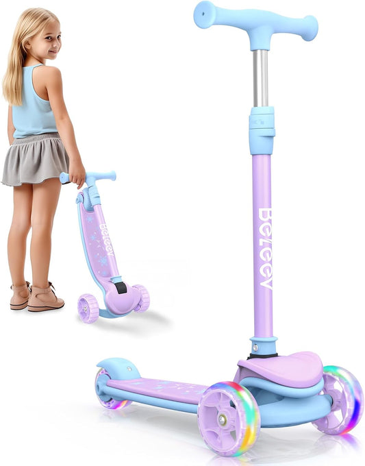 Scooter for Kids Ages 3-12, 3 Wheel Folding Scooter for Toddlers Girls Boys, PU Light-Up Wheels, Adjustable Height, Lean to Steer, Three Wheel Kick Scooter for Children