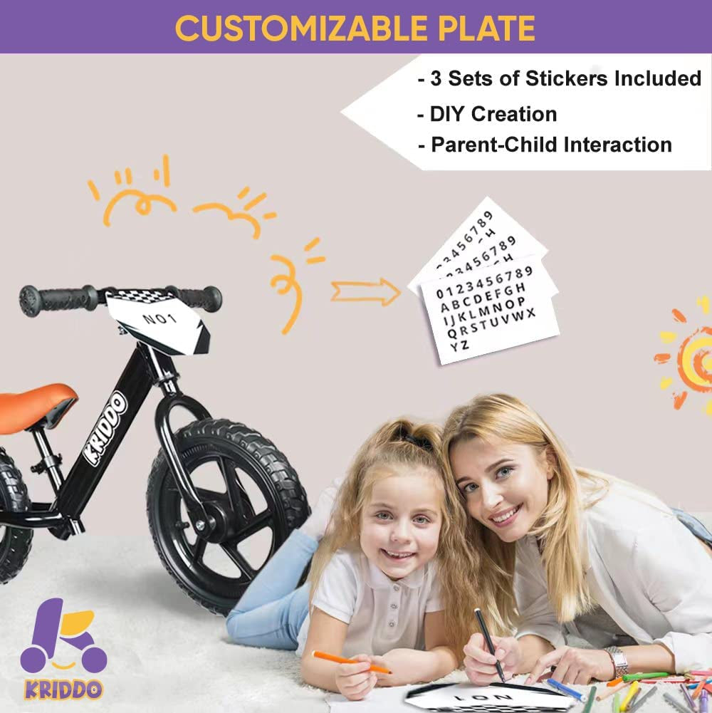 Toddler Balance Bike for Age 18 Months to 5 Years Old, 12 Inch Push Bicycle with Customize Plate (3 Sets of Stickers Included)