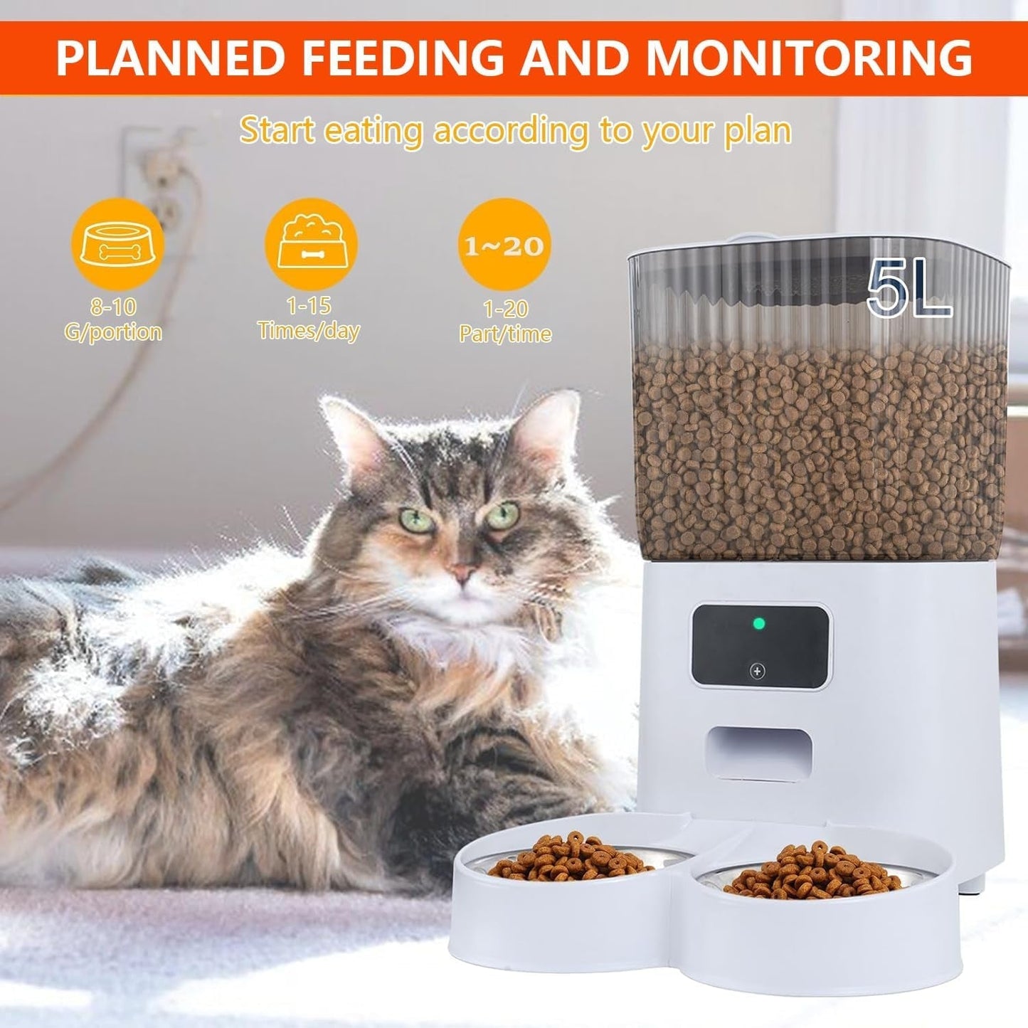 Automatic Feeder for Cats and Dogs 5.5L,2 Stainless Steel Bowls,App Control