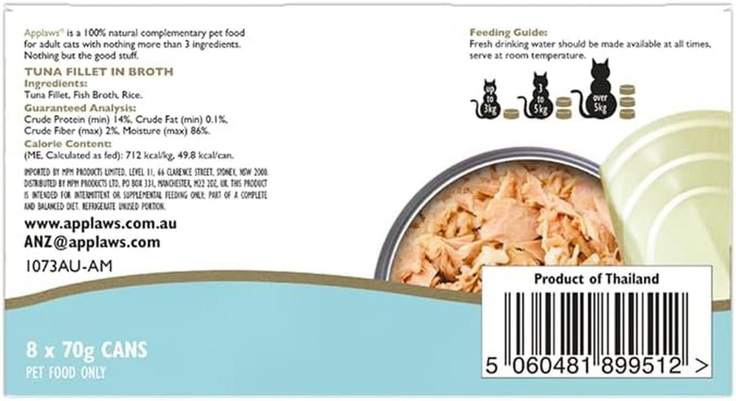 100% Natural Wet Cat Food Tuna Fillet in Broth Tin 70G (Pack of 32), Limited Ingredients Pet Food