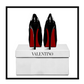 Square photography of red bottom black heels on top of a white valentino box on a white background  