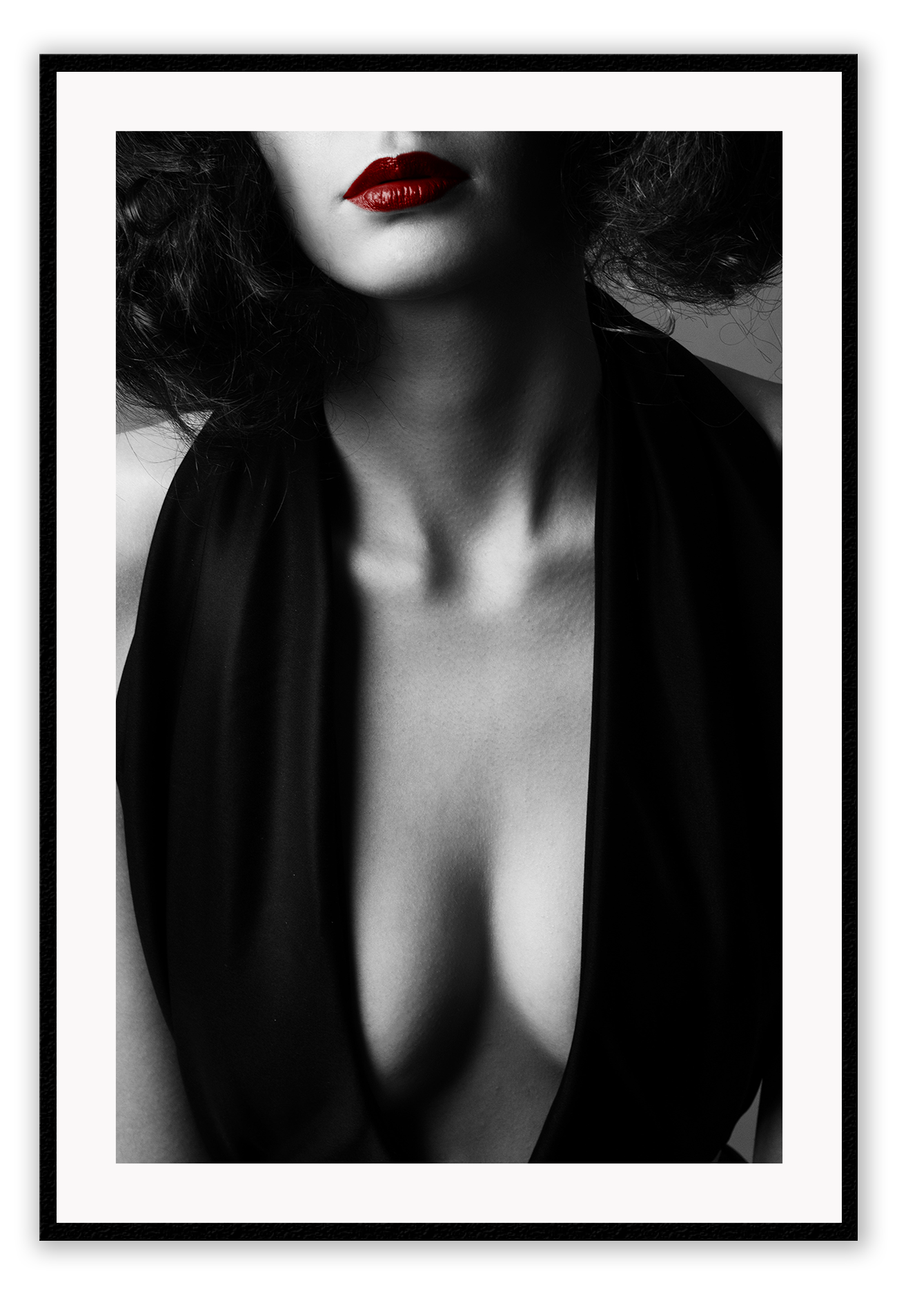 Black and white fashion photography print womans breasts chest with red lipstick sexy lady  