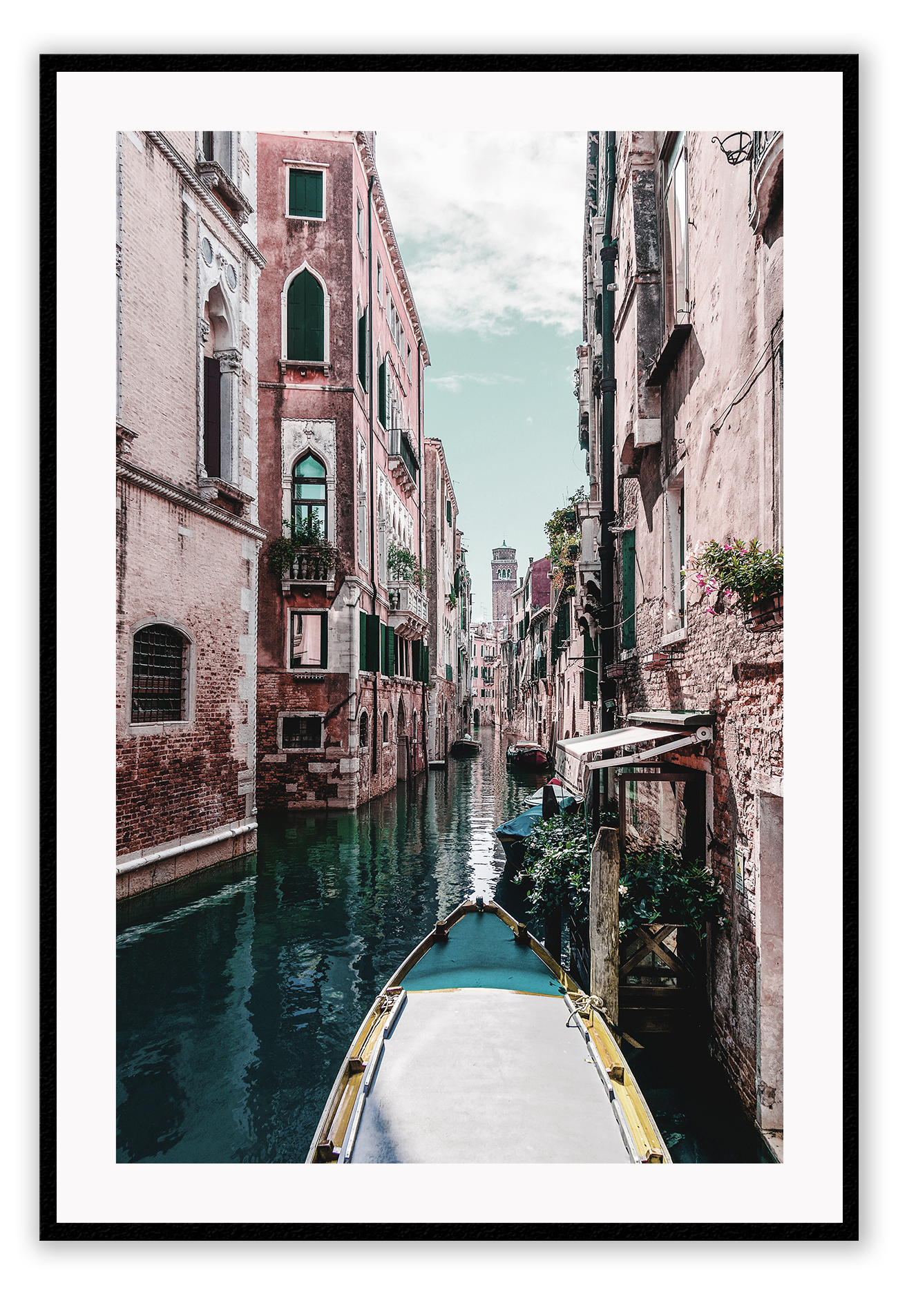 Boat travelling canal in italy blue and pink tones clouds in the sky portrait print 