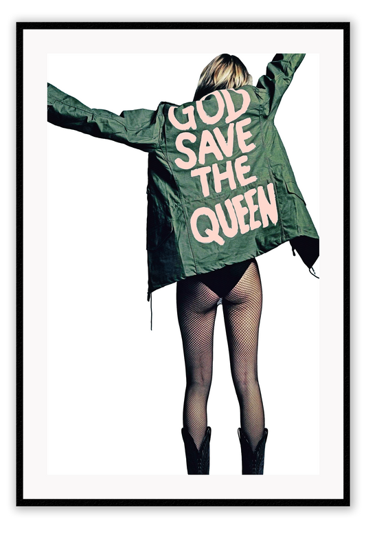 A fashion wall art with the back of a sexy lady, half nude in translucent leggings, black boots, and a green jacket with pink writing God save the queen.