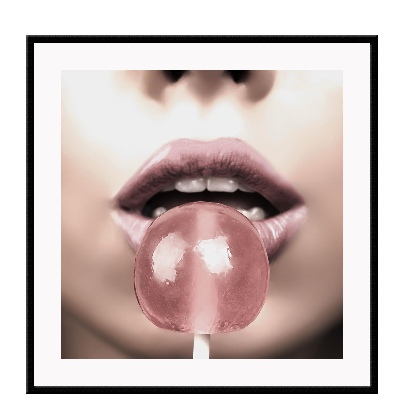 A fashion wall art with a sexy woman's juicy pink lips and pink lollipop.