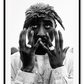 Black and white celebrity portrait of Tupac bandana hands rings necklace rapper print