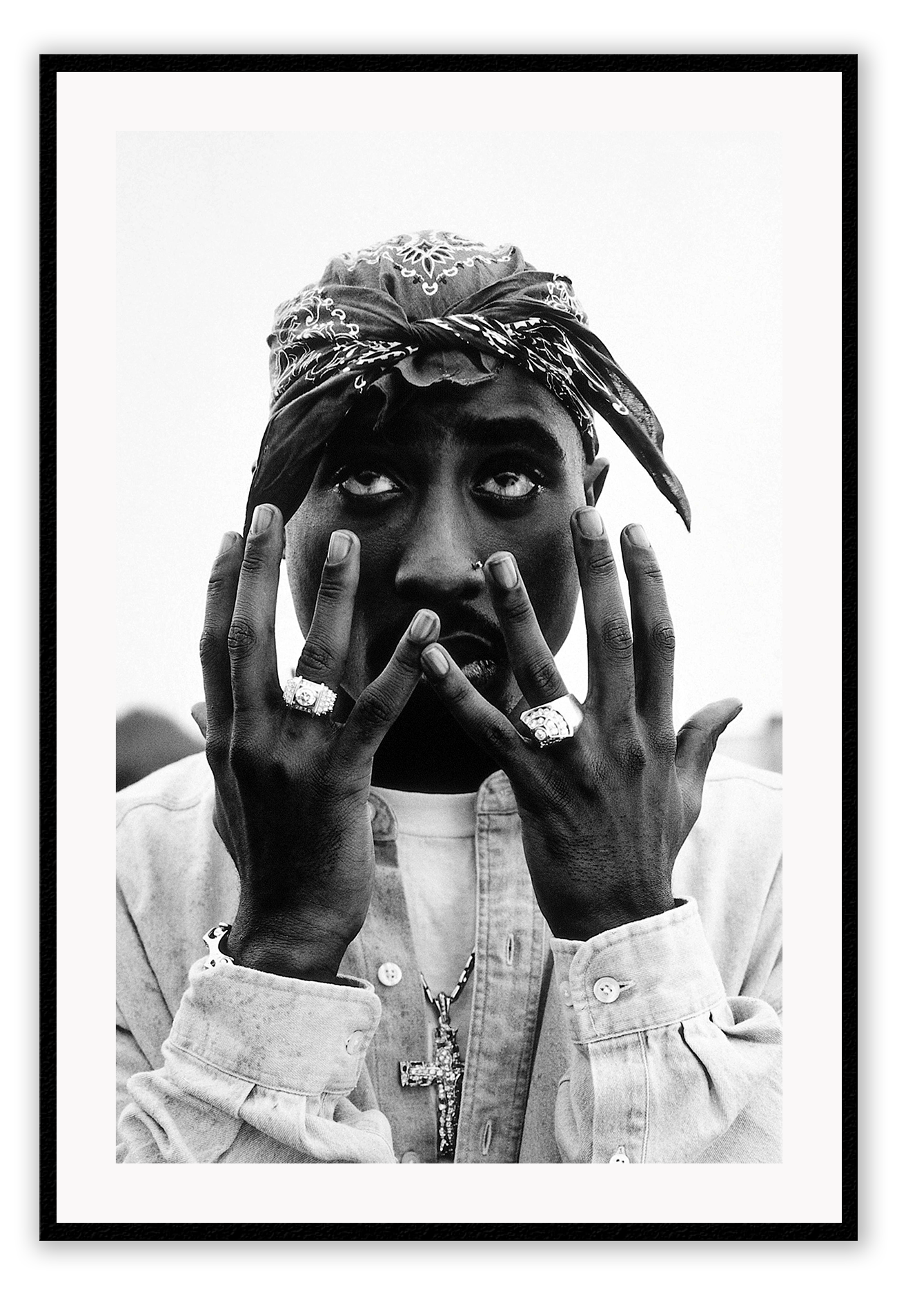 Black and white celebrity portrait of Tupac bandana hands rings necklace rapper print