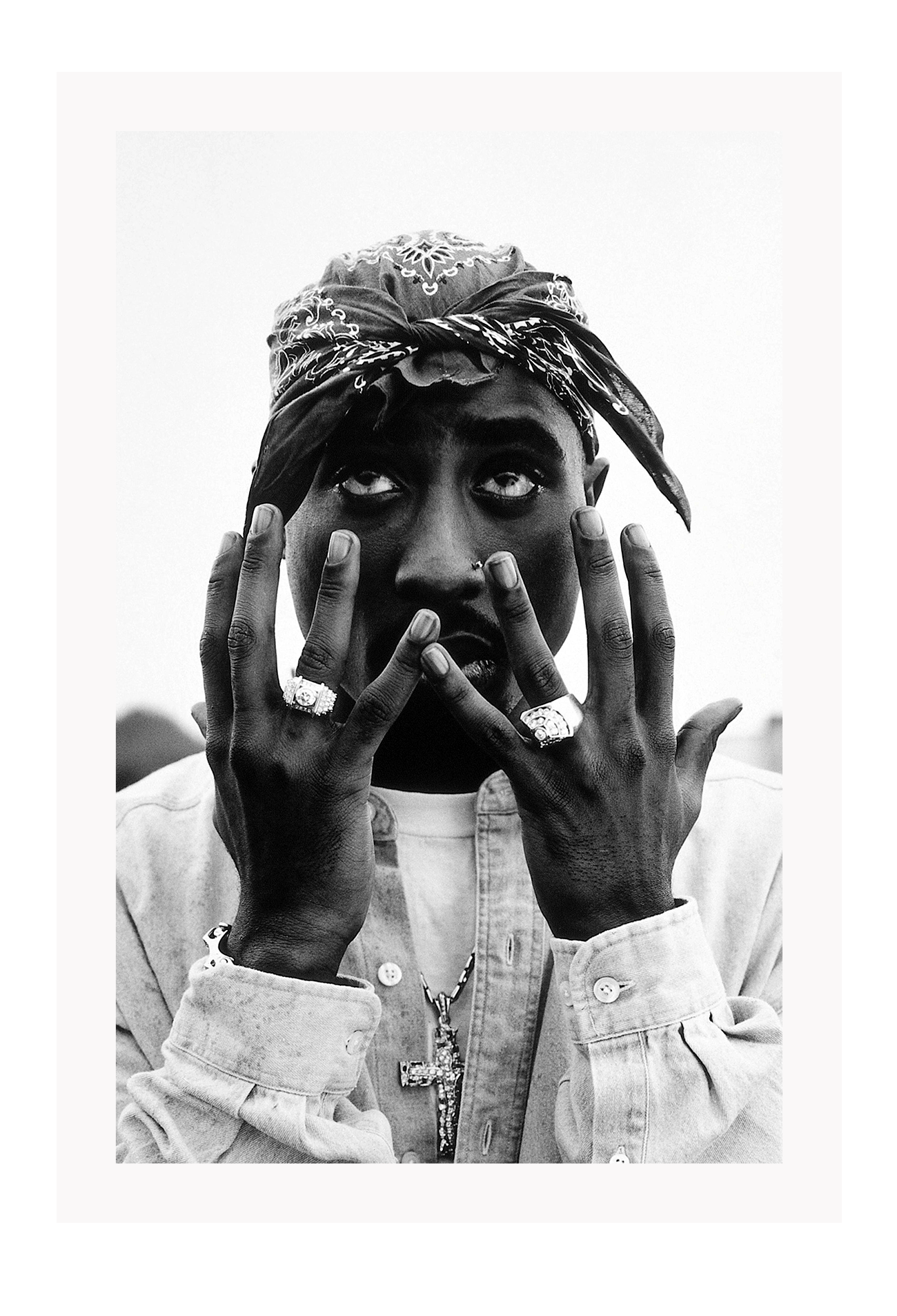 Black and white celebrity portrait of Tupac bandana hands rings necklace rapper print