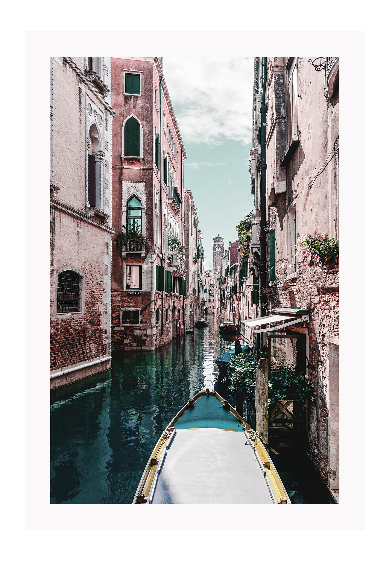 Boat travelling canal in italy blue and pink tones clouds in the sky portrait print 