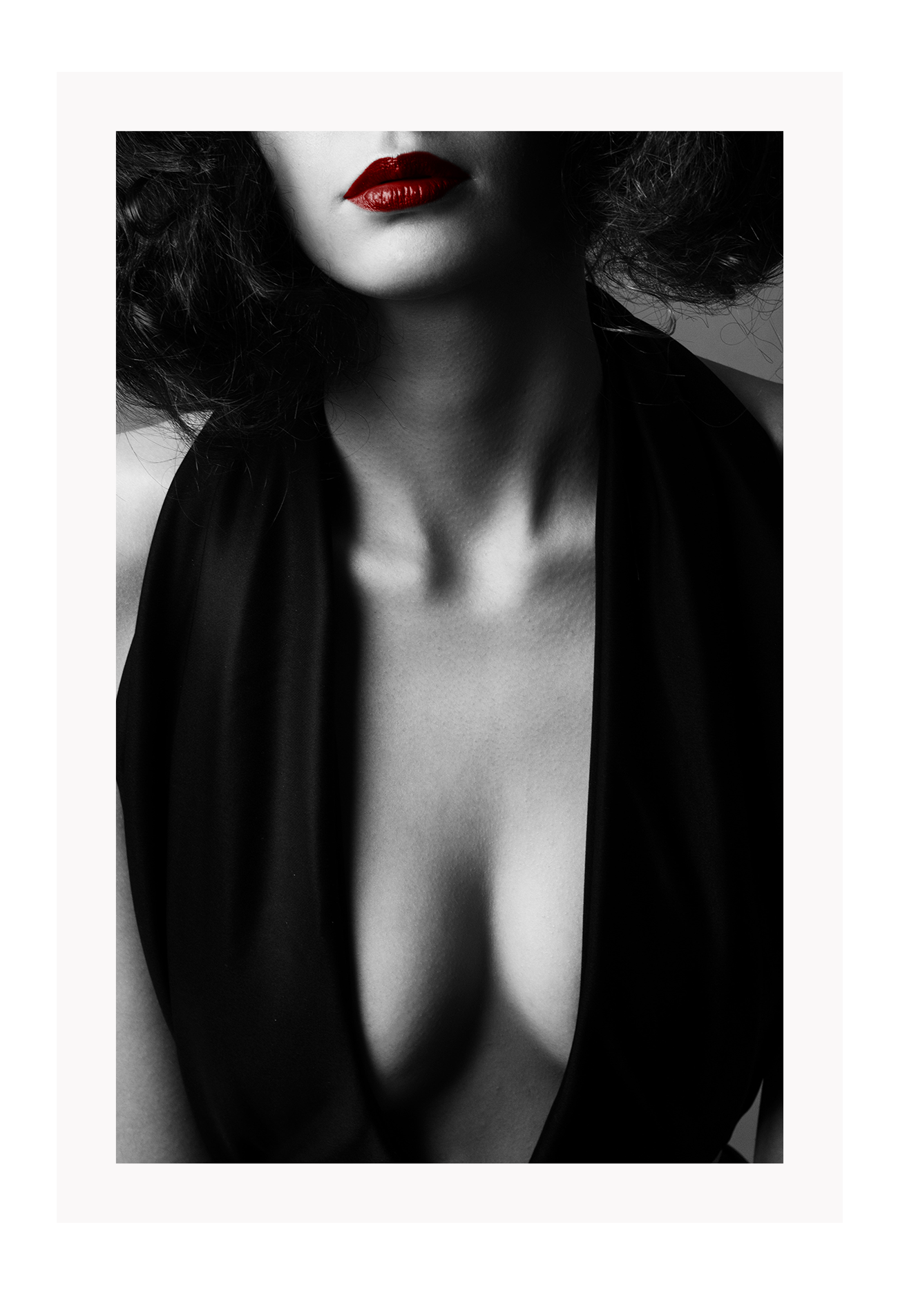 Black and white fashion photography print womans breasts chest with red lipstick sexy lady  