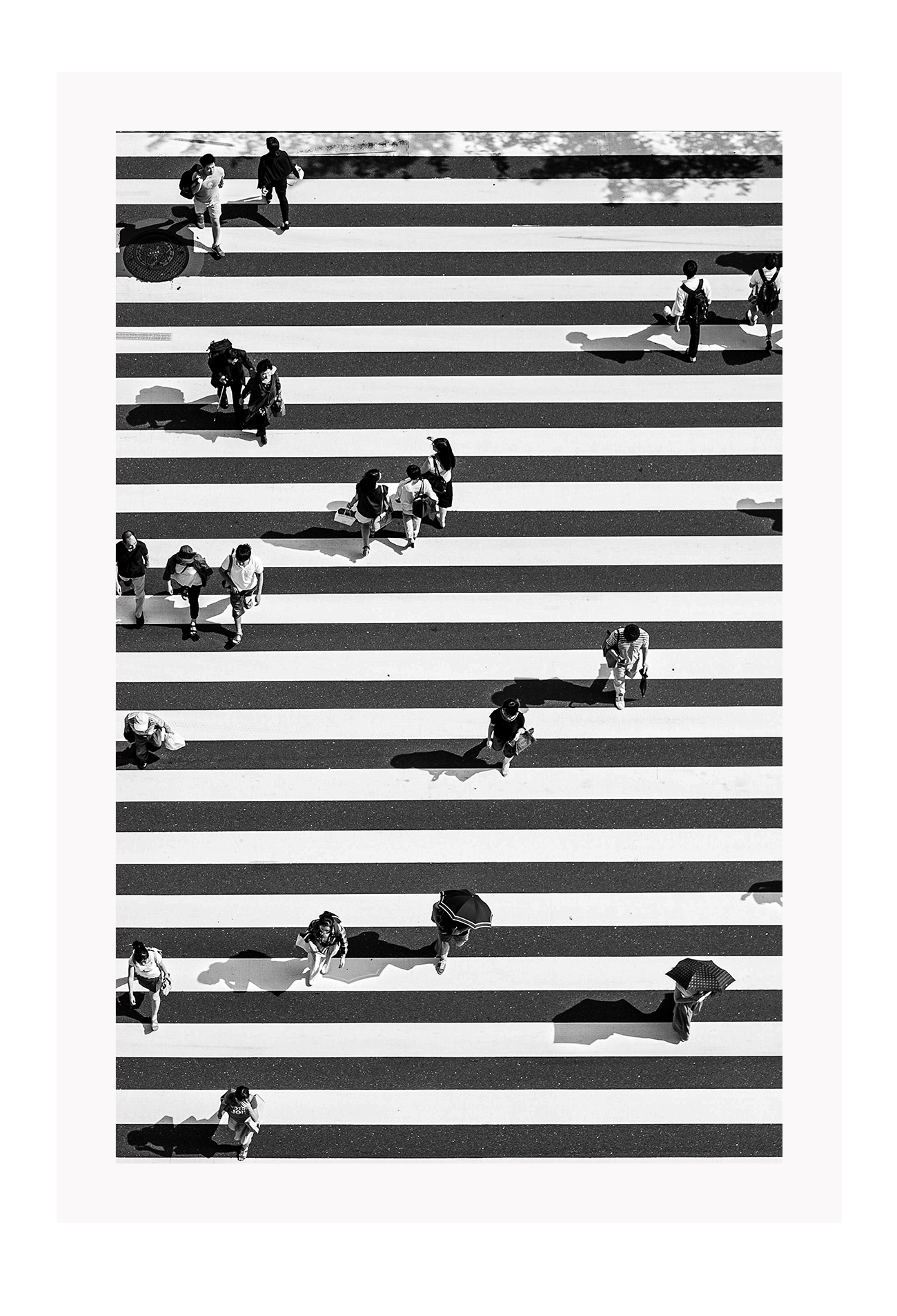 A black and white urban wall art with an aerial view of a busy city street crossing with zebra stripes.