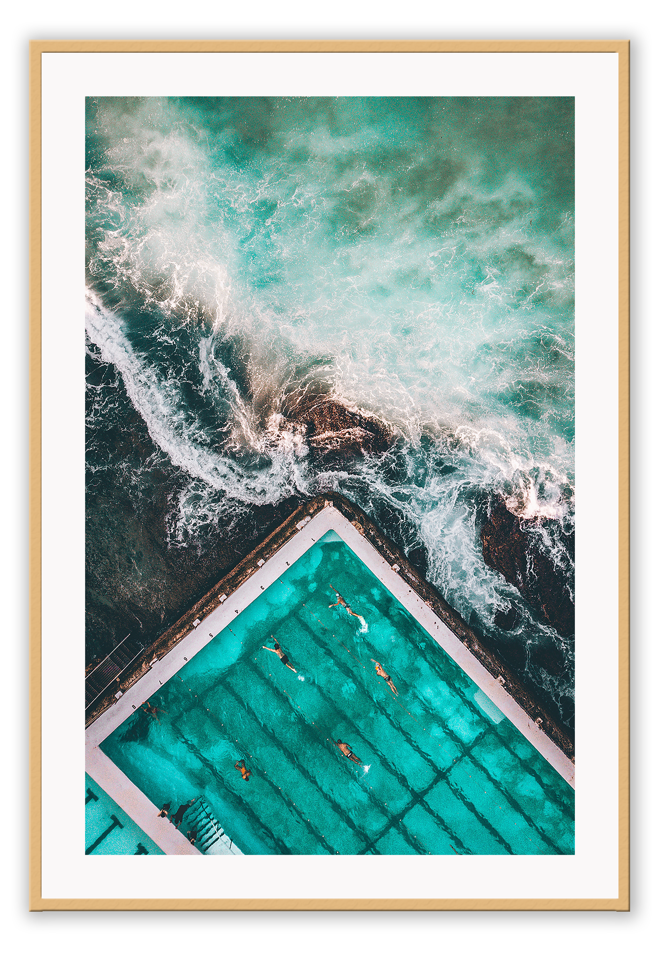 An ocean wall art with a blue and green water sea with famous iceberg swimming pool in Bondi, Sydney, Australia