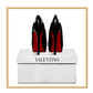 Square photography of red bottom black heels on top of a white valentino box on a white background  