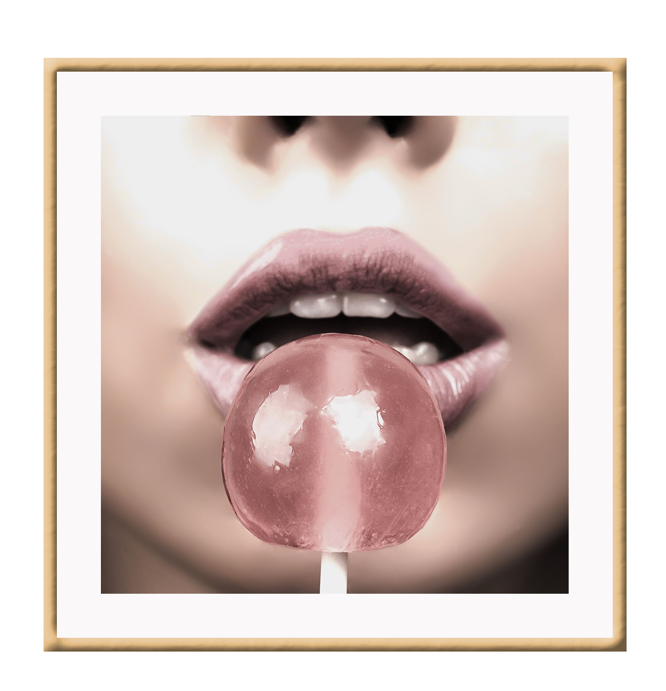 A fashion wall art with a sexy woman's juicy pink lips and pink lollipop.