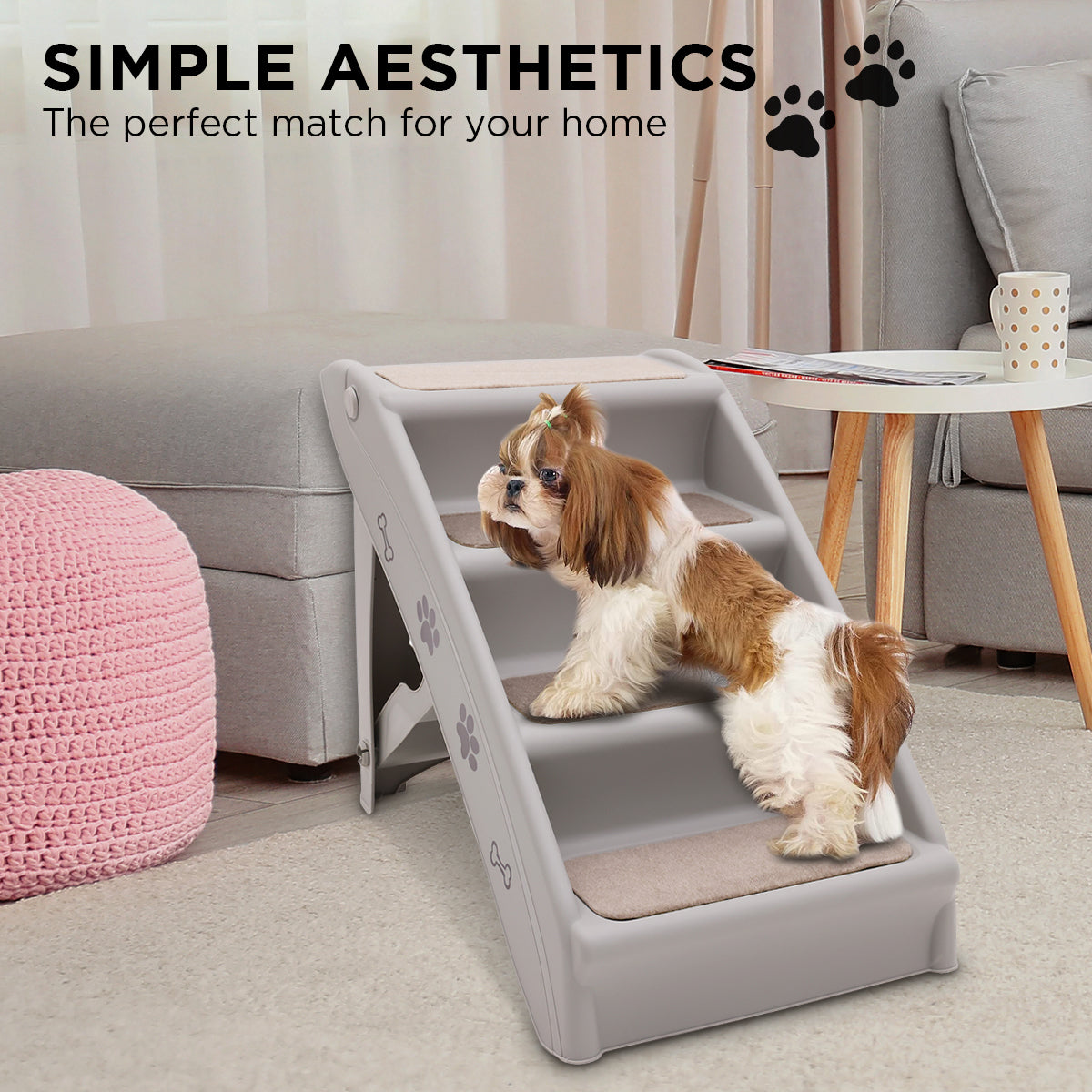 Furtastic Foldable Pet Stairs in Grey - 50cm Dog Ladder Cat Ramp with Non-Slip Mat for Indoor and Outdoor Use