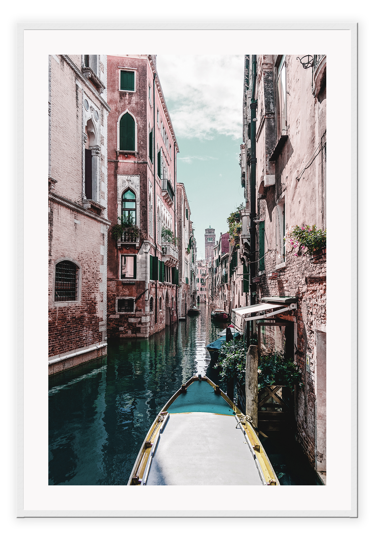 Boat travelling canal in italy blue and pink tones clouds in the sky portrait print 