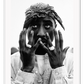 Black and white celebrity portrait of Tupac bandana hands rings necklace rapper print