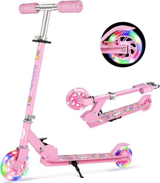 V1 Scooters for Kids, 2 Wheel Folding Kick Scooter for Girls Boys, 3 Adjustable Height, Light up Wheels, Lightweight Scooter with Sturdy Frame, Kickstand for Children 3 to 12 Years Old