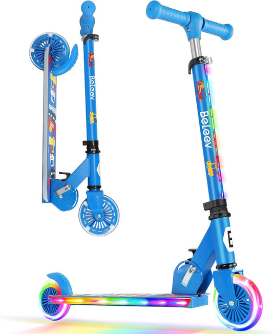 V2 Scooters for Kids with Light-Up Wheels & Stem & Deck, 2 Wheel Folding Scooter for Girls Boys Ages 3-12, 3 Adjustable Height, Non-Slip Pattern Deck, Kick Scooter for Children