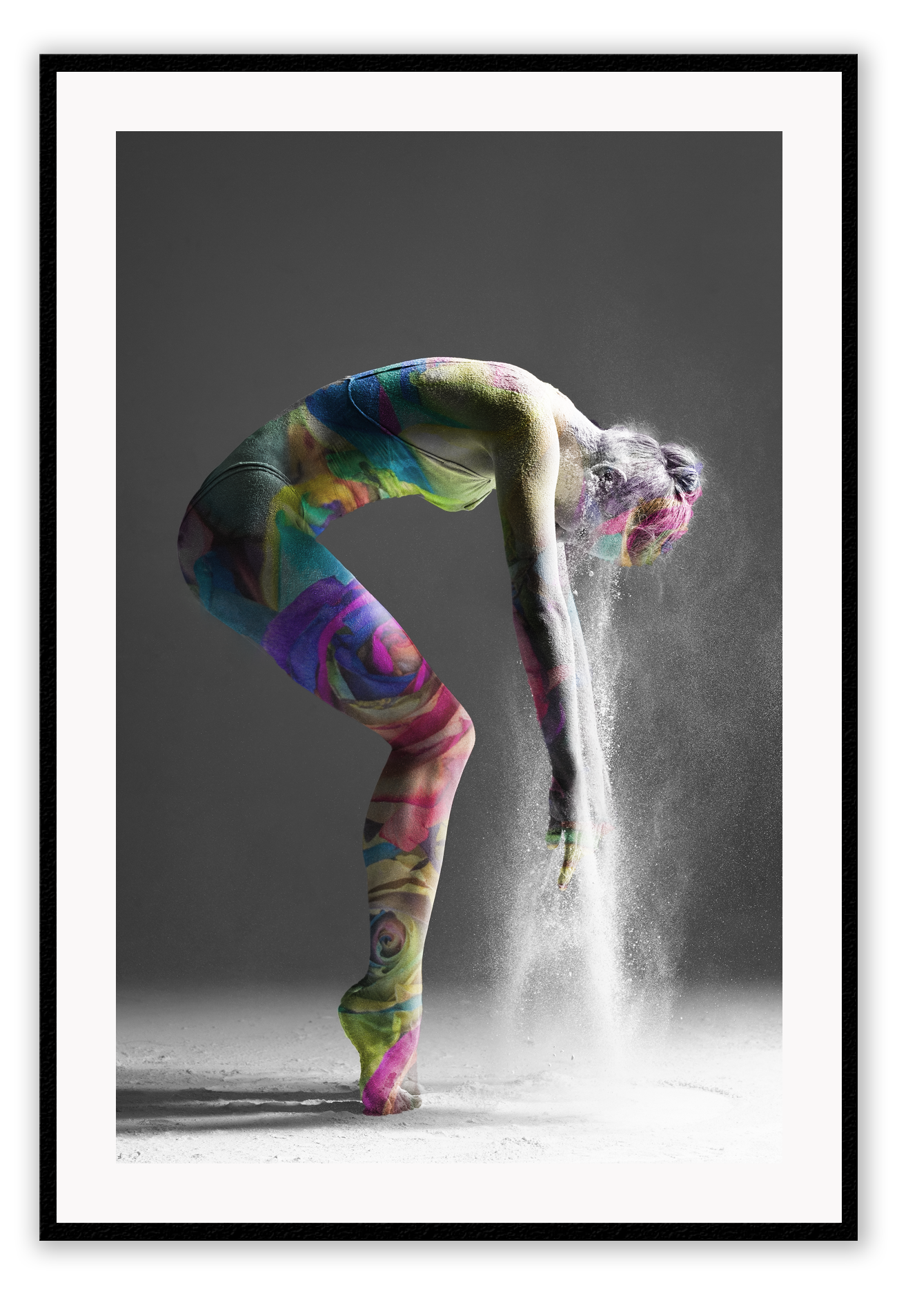 Fashion dance print with black and white background sexy woman rising from dust and body coloured with multi-coloured swirls. 