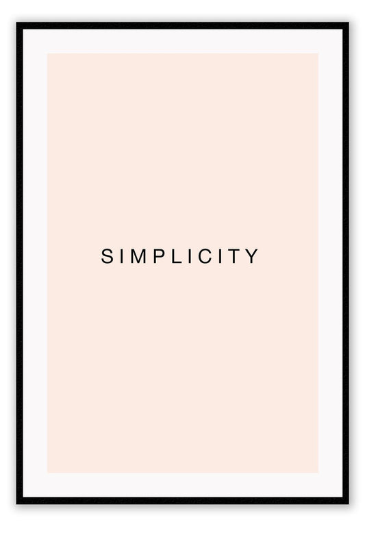 Minimal scandi art portrait of word simplicity word black text on blush rose pink background.