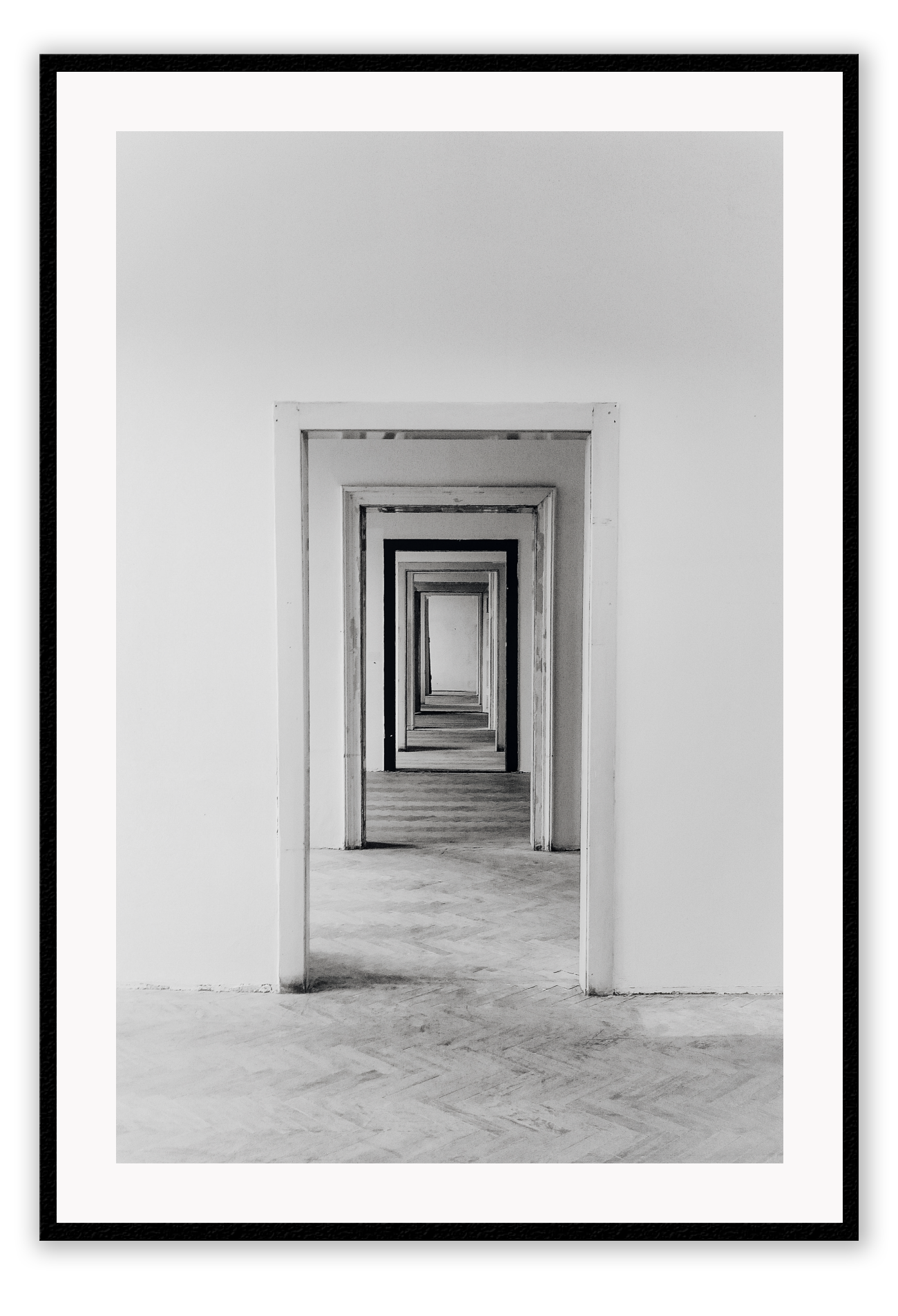 Photography print black and white architechture with minimalistic with decending doorways 