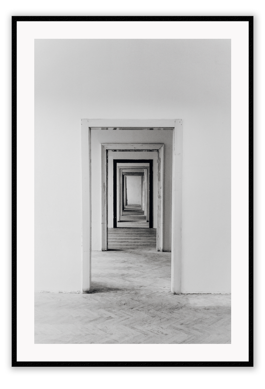 Photography print black and white architechture with minimalistic with decending doorways 