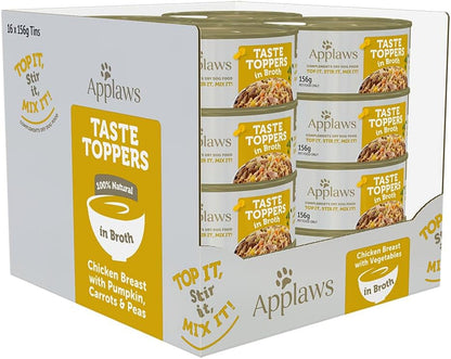 Taste Toppers 100% Natural Wet Dog Food Chicken Breast with Vegetables in Broth Tin 156G (Pack of 16), Limited Ingredients Pet Food