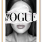 A fashion wall art of a fashion female model and white stripe on eyes and Vogue fashion label. 