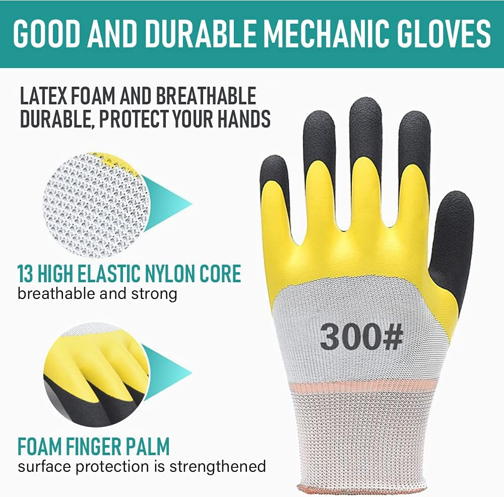 Work Gloves with Latex Coated-Safety Gardening Gloves for Men- Breathable Rubber Coated Garden Gloves-Outdoor Protective Working Gloves Large Size-Porter Mechanic Gloves Construction Gloves for Men