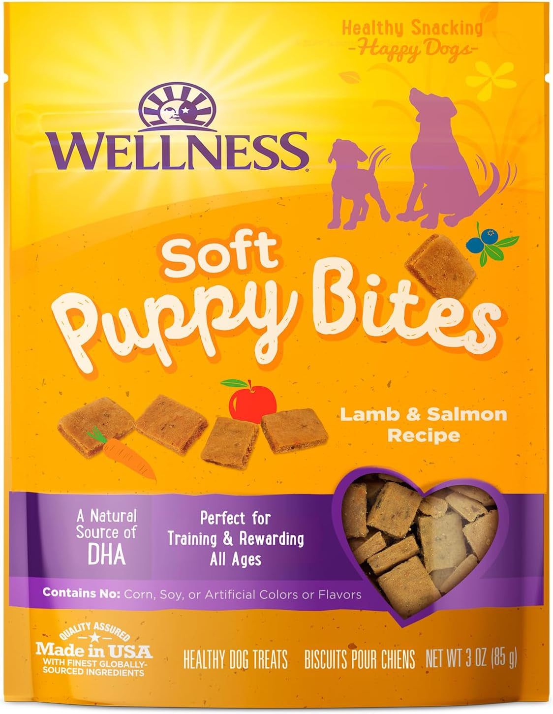 Wellness Soft Puppy Bites Natural Grain-Free Treats for Training, Dog Treats with Real Meat and DHA, No Artificial Flavors (Lamb & Salmon, 3-Ounce Bag)