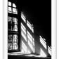 A black and white wall art with sunlight penetrating through big windows casting window shadows and creating high contrast.  