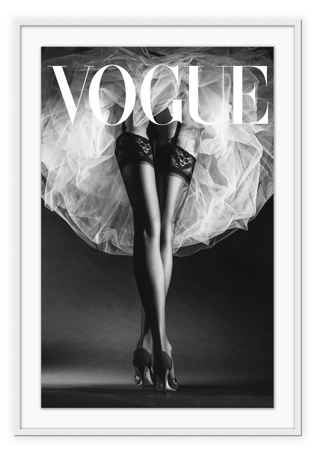 A black and white fashion wall art with ballerina legs on Vogue magazine background. 