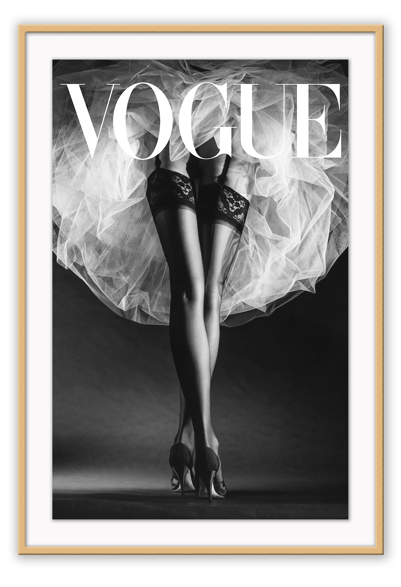 A black and white fashion wall art with ballerina legs on Vogue magazine background. 