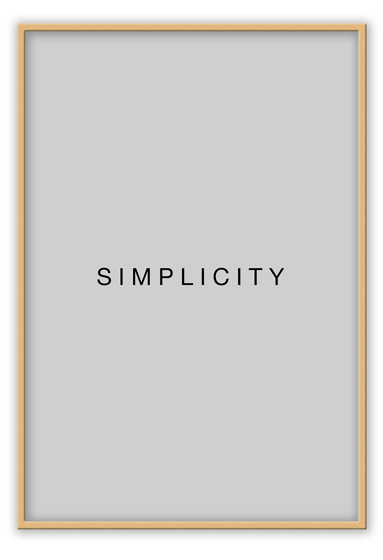 Typography print with the word SIMPLICITY in black text on a grey background. 