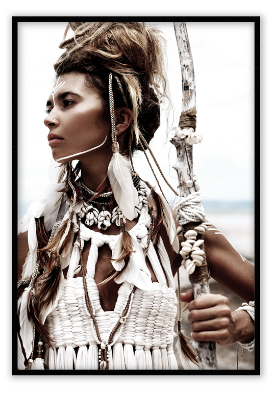 Tribal photography print with neutral colours boho scandi strong woman feather sticks ocean beach