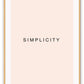 Minimal scandi art portrait of word simplicity word black text on blush rose pink background.