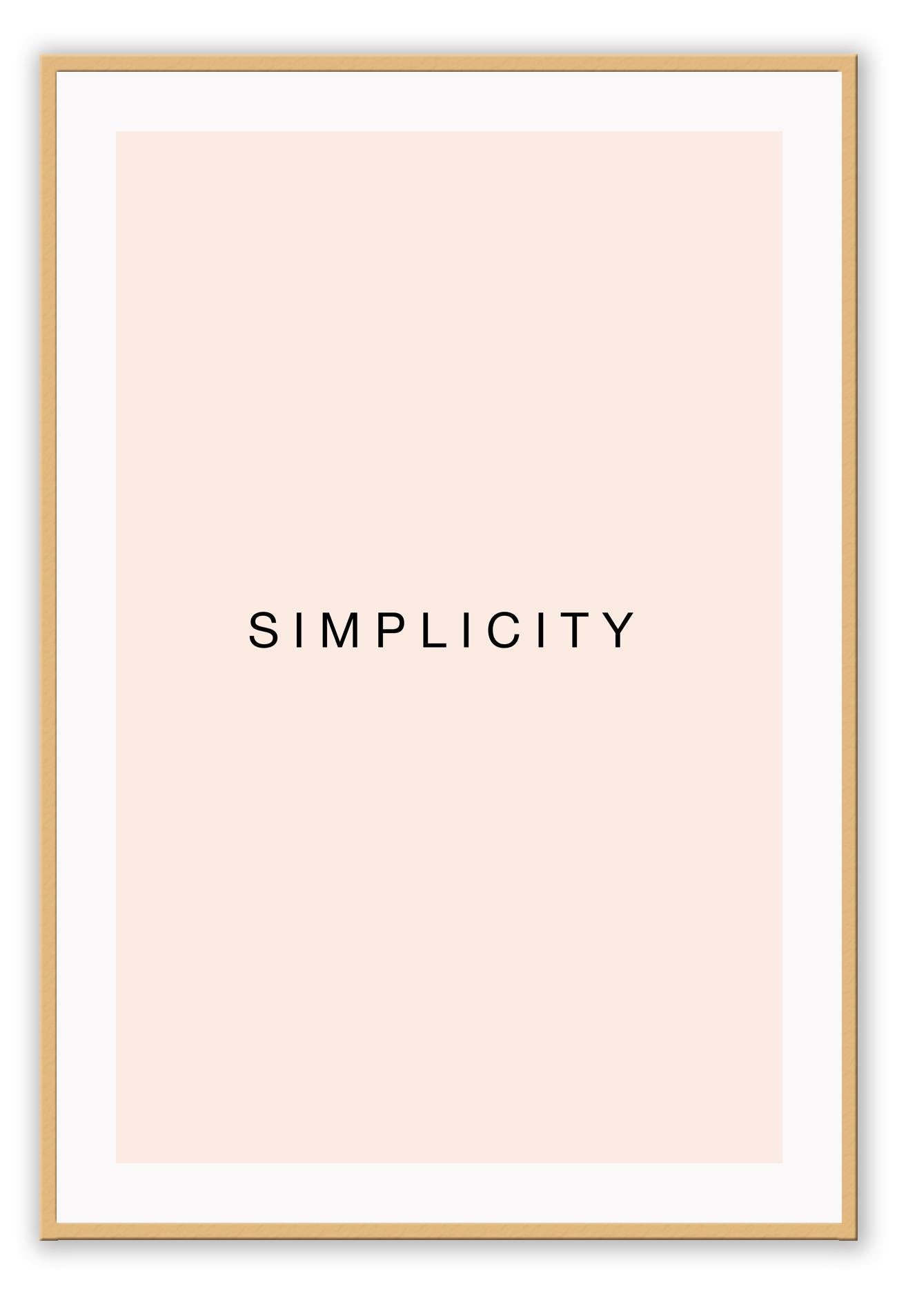 Minimal scandi art portrait of word simplicity word black text on blush rose pink background.