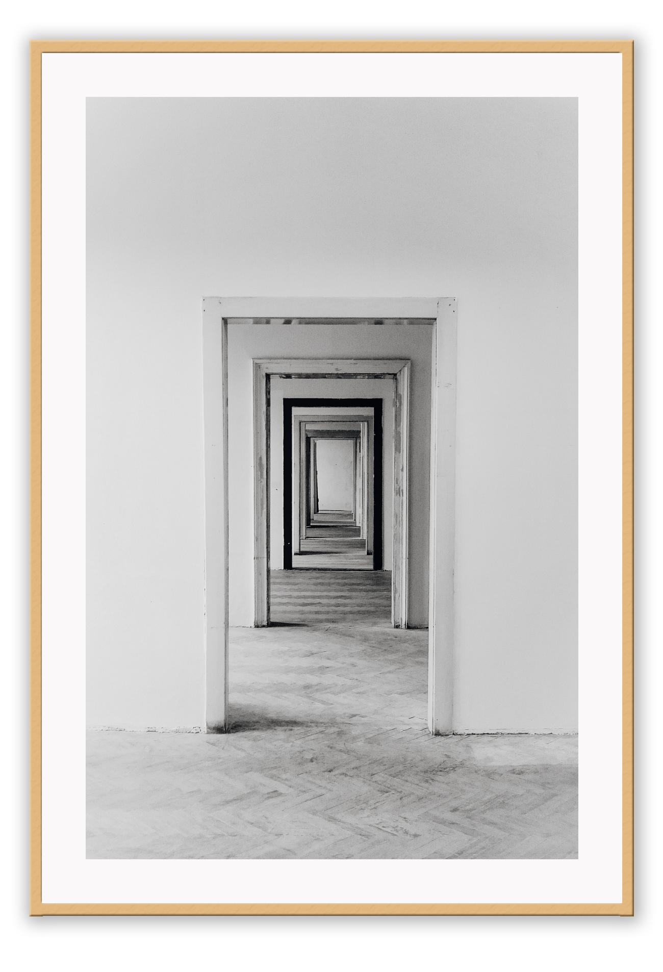 Photography print black and white architechture with minimalistic with decending doorways 