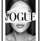 A fashion wall art of a fashion female model and white stripe on eyes and Vogue fashion label. 