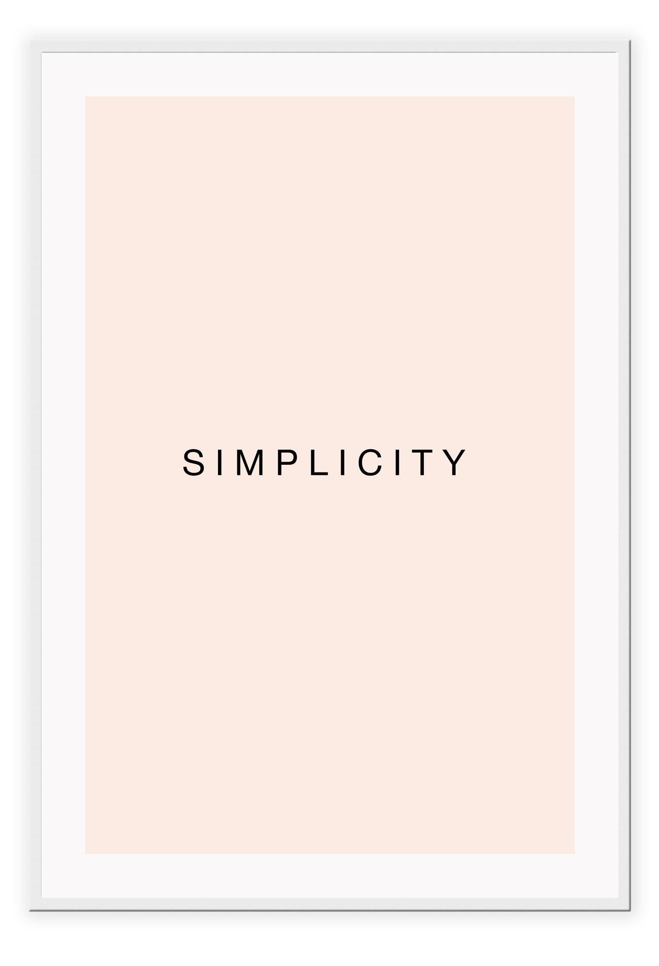 Minimal scandi art portrait of word simplicity word black text on blush rose pink background.