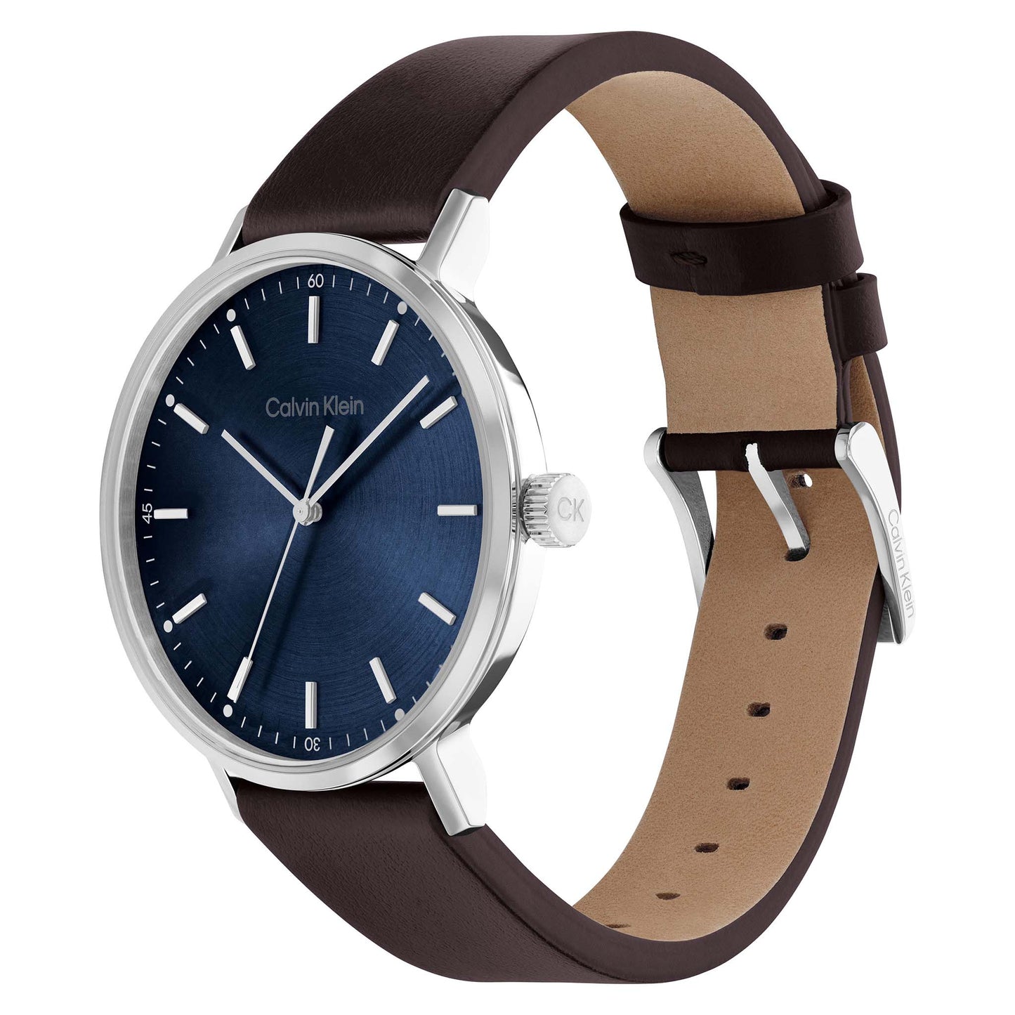 Calvin Klein Dark Brown Leather Blue Dial Men's Watch - 25200052