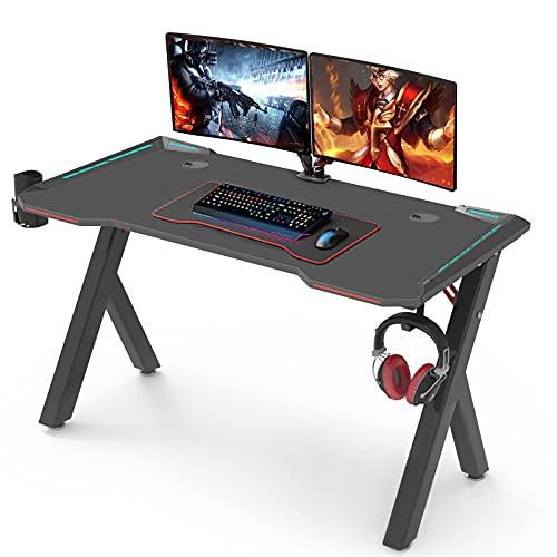 Gaming Desk Table 120 * 60cm Load-Bearing 330lbs Ergonomic Professional Gaming Desk with RGB LED Light Carbon Fiber Surface Large Gamer Workstation Table with Cup Holder/Headphone Hook