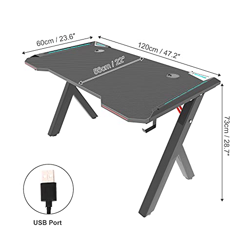 Gaming Desk Table 120 * 60cm Load-Bearing 330lbs Ergonomic Professional Gaming Desk with RGB LED Light Carbon Fiber Surface Large Gamer Workstation Table with Cup Holder/Headphone Hook