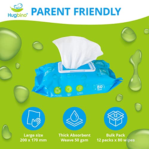 Hugbino Baby Wipes Bulk Pack 12 x 80pk - Fragrance Free - Pure NZ Wet Water Wipes - Waterwipe for baby