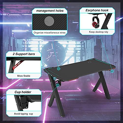 Gaming Desk Table 120 * 60cm Load-Bearing 330lbs Ergonomic Professional Gaming Desk with RGB LED Light Carbon Fiber Surface Large Gamer Workstation Table with Cup Holder/Headphone Hook