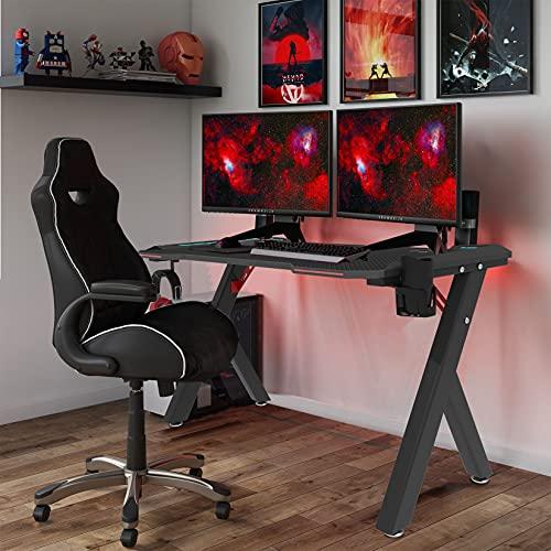 Gaming Desk Table 120 * 60cm Load-Bearing 330lbs Ergonomic Professional Gaming Desk with RGB LED Light Carbon Fiber Surface Large Gamer Workstation Table with Cup Holder/Headphone Hook